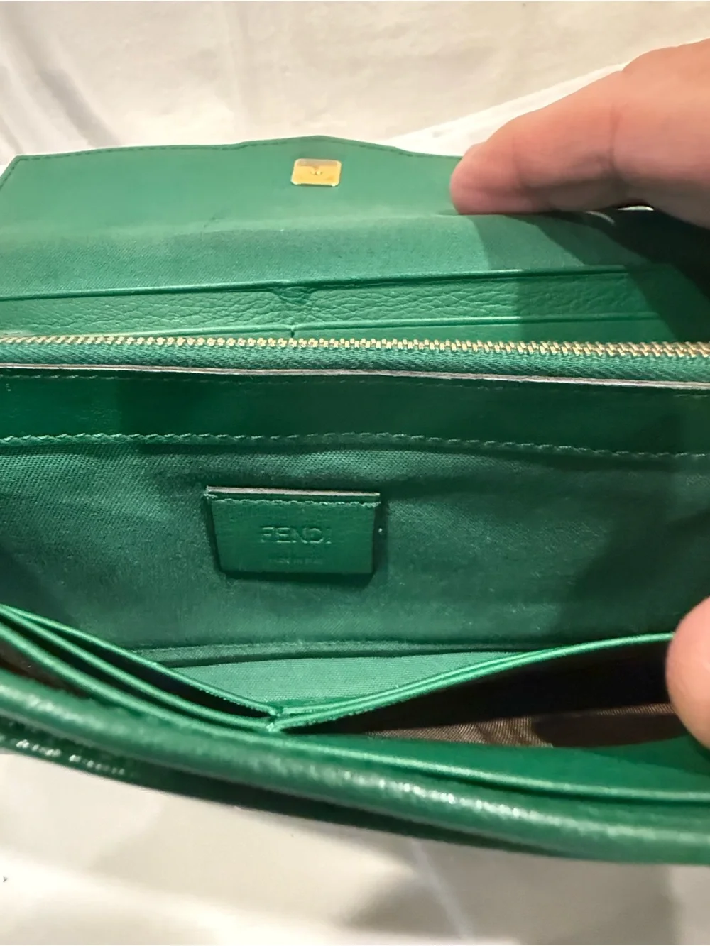 Fendi 2Jours Continental Leather Wallet Envelope Style In Taupe/Green